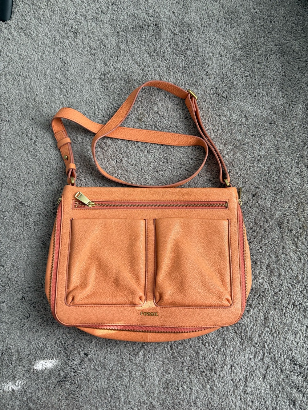 Fossil Orange Pebbled Leather Crossbody with Front Pockets